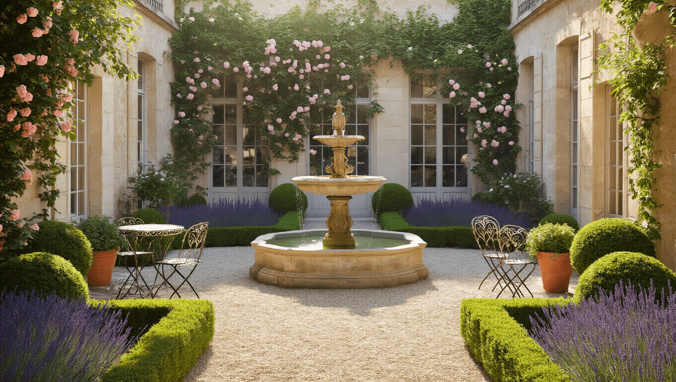 Photorealistic image of a sunlit French courtyard garden with symmetrical boxwood parterres, a central antique limestone fountain, climbing roses over aged stone walls, and a vintage wrought iron bistro set, captured during golden hour with intricate shadow patterns and a muted color palette.
