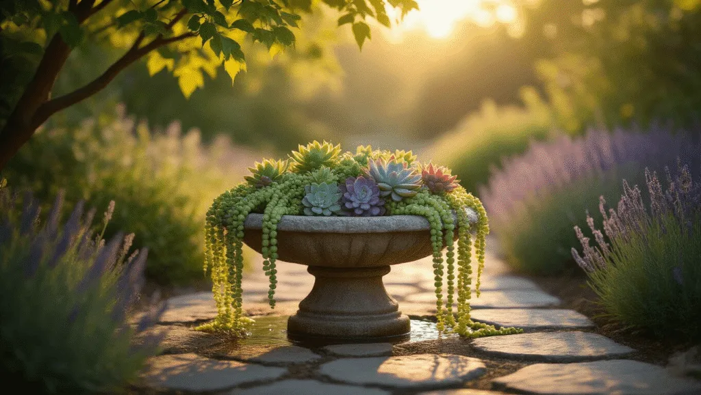 Photorealistic image of a weathered stone birdbath overflowing with succulents at golden hour, surrounded by a natural stone path and lavender plantings, with dappled sunlight creating warm shadows and a dreamy bokeh effect.