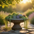 Photorealistic image of a weathered stone birdbath overflowing with succulents at golden hour, surrounded by a natural stone path and lavender plantings, with dappled sunlight creating warm shadows and a dreamy bokeh effect.