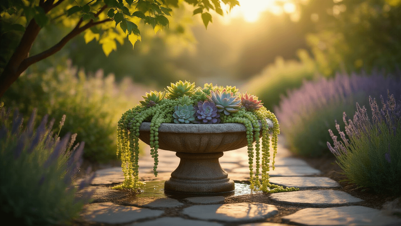 Photorealistic image of a weathered stone birdbath overflowing with succulents at golden hour, surrounded by a natural stone path and lavender plantings, with dappled sunlight creating warm shadows and a dreamy bokeh effect.