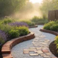 A professional landscape photograph capturing various garden border styles at golden hour, featuring weathered red bricks, natural log borders with ferns, modern black metal edging, and woven willow panels, all highlighted by morning dew and dramatic shadows.