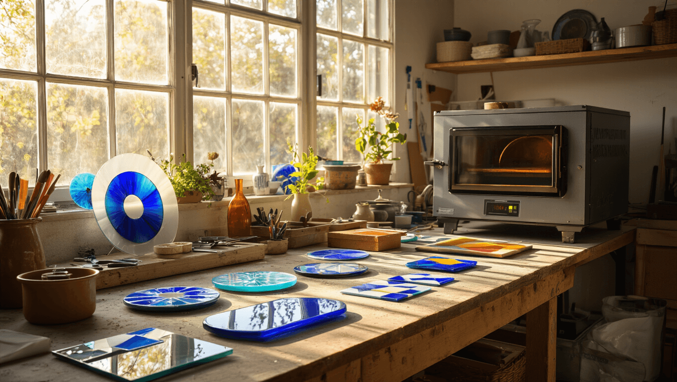 A sunlit glass artist's studio featuring a rustic wooden workbench with vibrant fused glass projects and professional tools, with a glowing kiln in the background and prismatic reflections from colorful glass fragments.