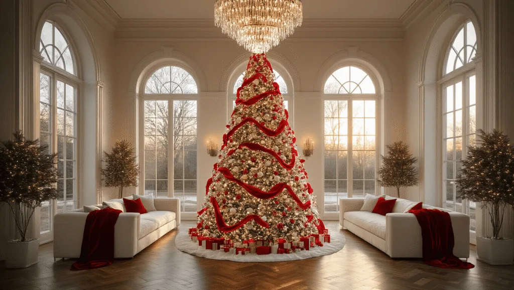 A majestic 9-foot flocked Christmas tree in a grand living room, adorned with red velvet ribbons and mercury glass ornaments, illuminated by warm white lights, with sunlight streaming through arched windows and reflecting from a crystal chandelier.