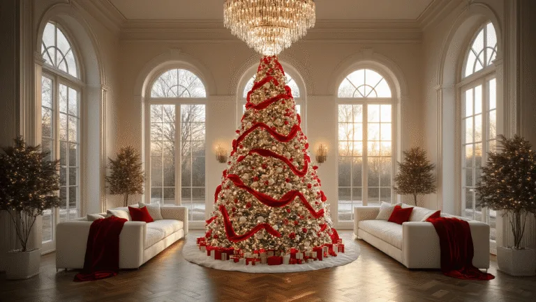 A majestic 9-foot flocked Christmas tree in a grand living room, adorned with red velvet ribbons and mercury glass ornaments, illuminated by warm white lights, with sunlight streaming through arched windows and reflecting from a crystal chandelier.