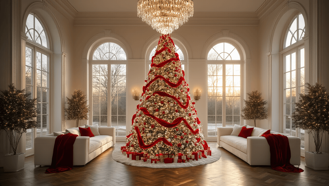 A majestic 9-foot flocked Christmas tree in a grand living room, adorned with red velvet ribbons and mercury glass ornaments, illuminated by warm white lights, with sunlight streaming through arched windows and reflecting from a crystal chandelier.
