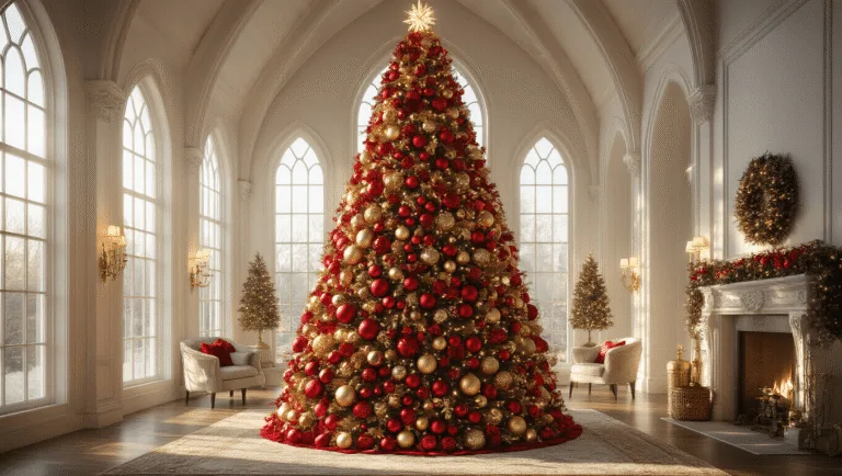 A photorealistic wide shot of a 12-foot Christmas tree decorated with red and gold ornaments in a luxurious living room with cathedral ceilings, illuminated by warm LED lights and morning sunlight, capturing intricate details and festive ambiance.