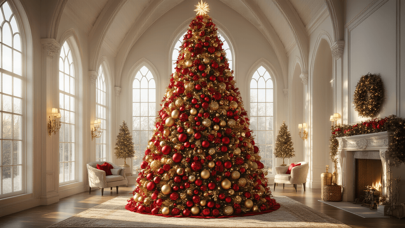A photorealistic wide shot of a 12-foot Christmas tree decorated with red and gold ornaments in a luxurious living room with cathedral ceilings, illuminated by warm LED lights and morning sunlight, capturing intricate details and festive ambiance.
