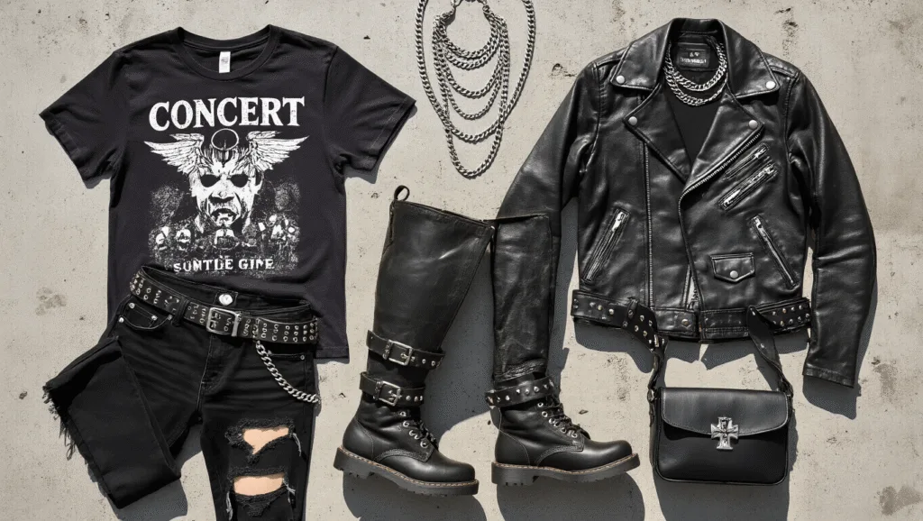 Flat lay of edgy concert attire on a concrete background, featuring a distressed vintage band tee, ripped black jeans, a worn leather jacket, combat boots with metal hardware, layered silver chains and chokers, a studded belt, and a leather crossbody bag, with natural sunlight creating subtle shadows.