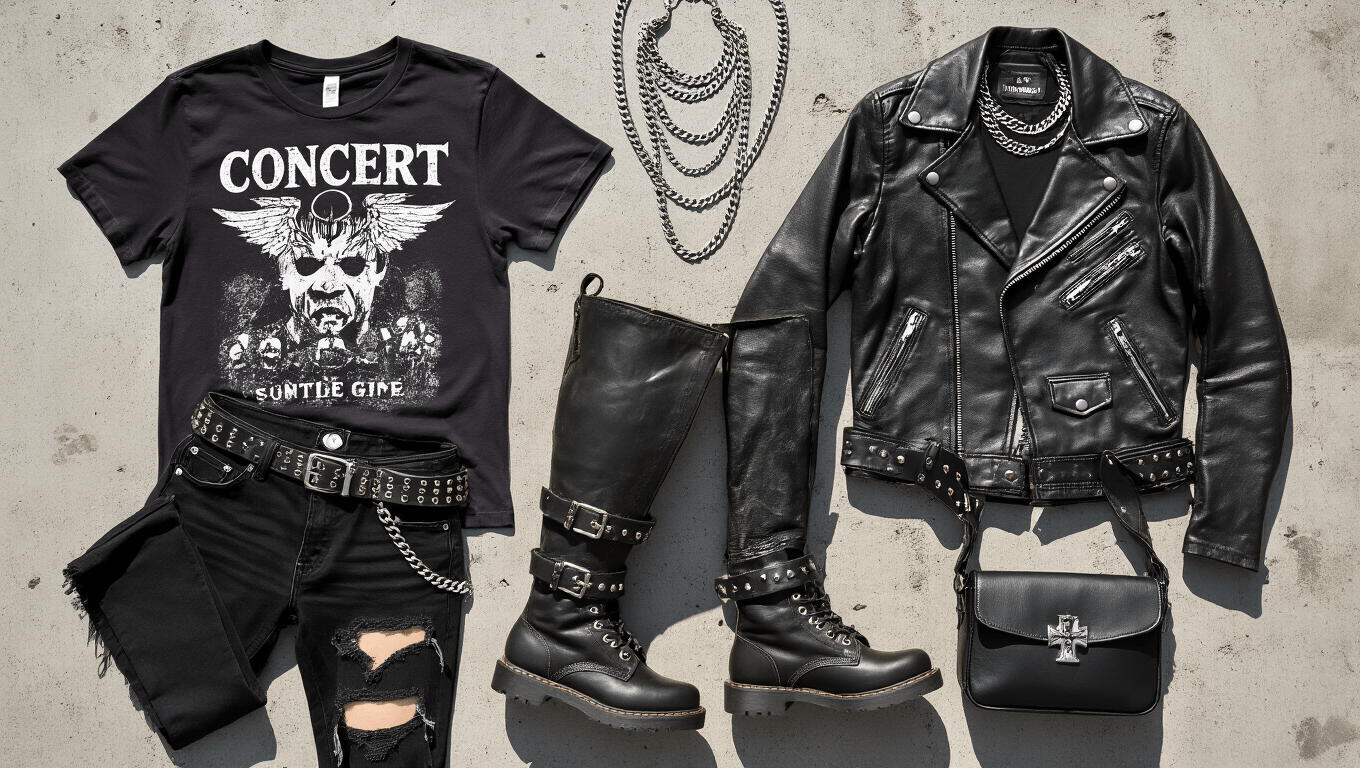 Flat lay of edgy concert attire on a concrete background, featuring a distressed vintage band tee, ripped black jeans, a worn leather jacket, combat boots with metal hardware, layered silver chains and chokers, a studded belt, and a leather crossbody bag, with natural sunlight creating subtle shadows.