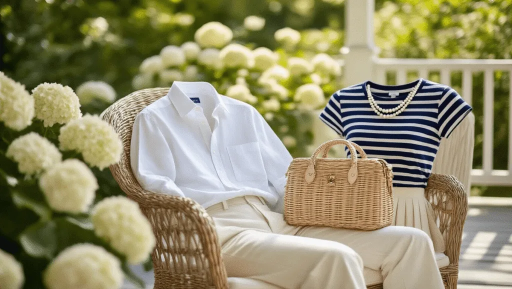 How to Nail the Summer Old Money Look (Without Breaking the Bank!) A bright Hamptons-style veranda showcasing a summer wardrobe with a white shirt, cream trousers, navy Breton top, and tennis skirt, accompanied by a basket bag and pearl earrings on a wicker chair, surrounded by soft hydrangeas and gentle morning light.