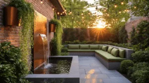 Transform Your Small Courtyard: A Complete Design Guide to Creating a Stunning Outdoor Sanctuary Photorealistic image of a luxurious small courtyard at golden hour, featuring weathered brick walls with copper planters, a modern corten steel water feature, stone pavers, an L-shaped bench with sage green cushions, bistro lights overhead, and a Japanese maple casting dappled shade.