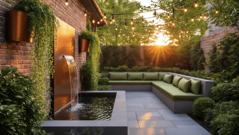 Photorealistic image of a luxurious small courtyard at golden hour, featuring weathered brick walls with copper planters, a modern corten steel water feature, stone pavers, an L-shaped bench with sage green cushions, bistro lights overhead, and a Japanese maple casting dappled shade.