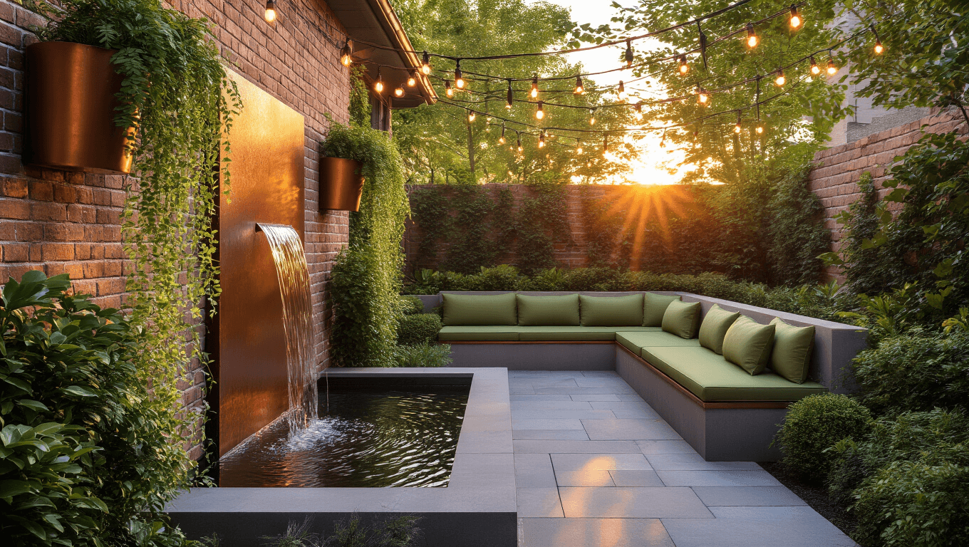 Photorealistic image of a luxurious small courtyard at golden hour, featuring weathered brick walls with copper planters, a modern corten steel water feature, stone pavers, an L-shaped bench with sage green cushions, bistro lights overhead, and a Japanese maple casting dappled shade.