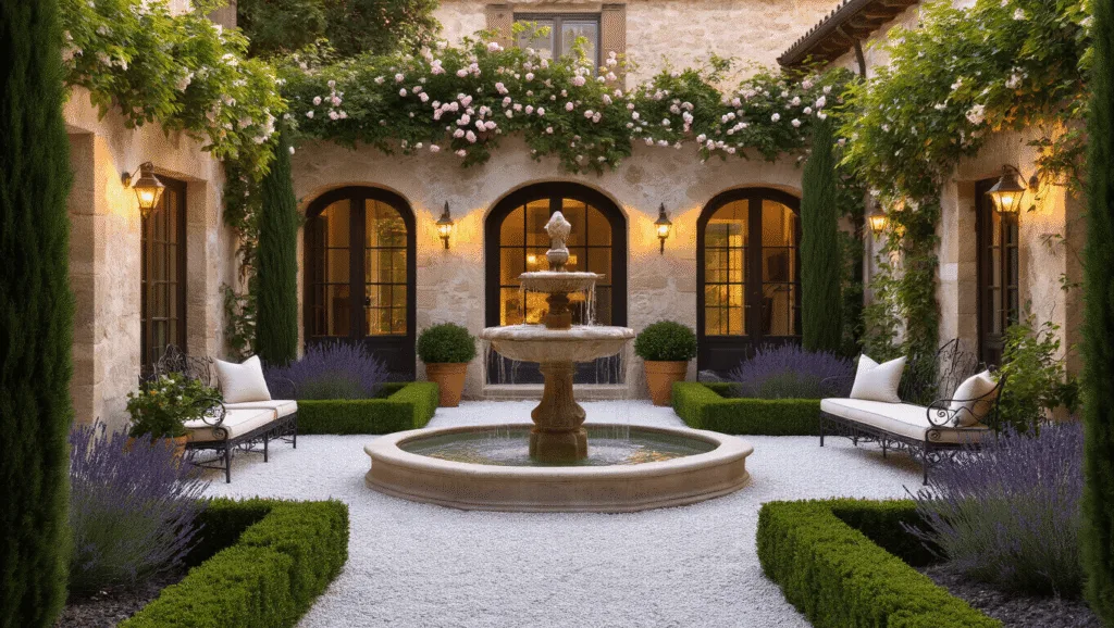 Photorealistic image of a Mediterranean courtyard garden at sunset, featuring a central travertine fountain, symmetrical boxwood parterres, climbing roses, and aged limestone walls, with warm evening light casting shadows across cobblestone paths and illuminated by string lights and copper lanterns.