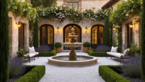 Italian Courtyard Gardens: A Timeless Escape into Mediterranean Elegance Photorealistic image of a Mediterranean courtyard garden at sunset, featuring a central travertine fountain, symmetrical boxwood parterres, climbing roses, and aged limestone walls, with warm evening light casting shadows across cobblestone paths and illuminated by string lights and copper lanterns.