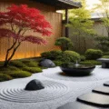 A tranquil urban balcony featuring a Japanese garden at golden hour, showcasing a dwarf Japanese maple, polished granite boulders, raked white gravel, a minimalist water basin, moss-covered stepping stones, and ambient string lights among bamboo.