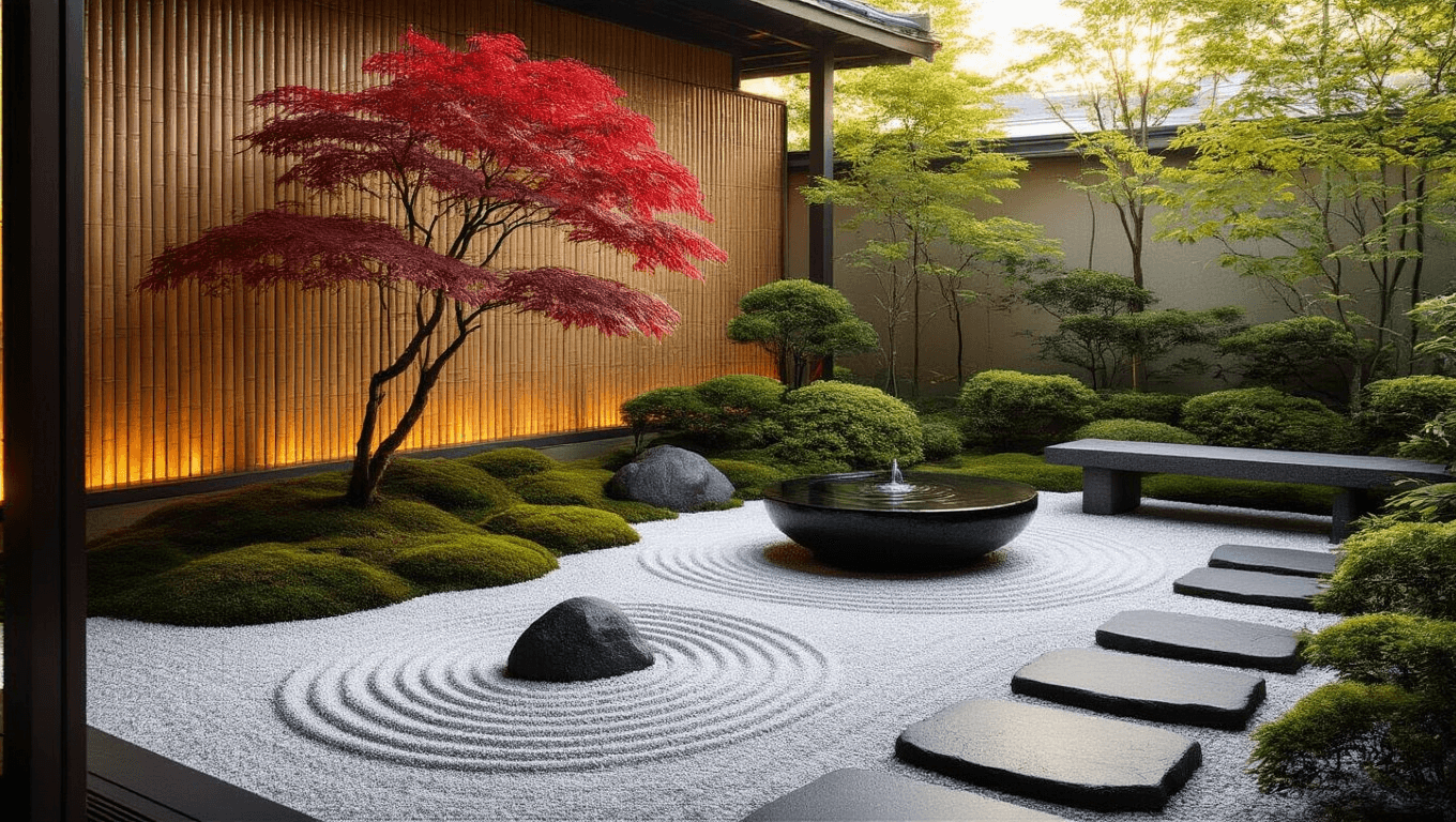 A tranquil urban balcony featuring a Japanese garden at golden hour, showcasing a dwarf Japanese maple, polished granite boulders, raked white gravel, a minimalist water basin, moss-covered stepping stones, and ambient string lights among bamboo.