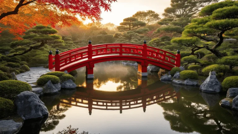 A serene Japanese garden bridge at golden hour, reflecting on a koi pond, surrounded by bonsai trees and stone lanterns, captured in ultra HD with atmospheric lighting and hyper-realistic detail.