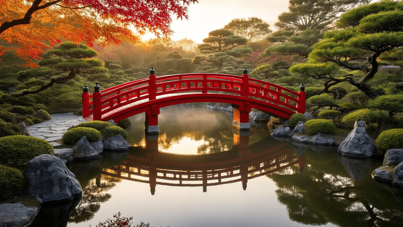 A serene Japanese garden bridge at golden hour, reflecting on a koi pond, surrounded by bonsai trees and stone lanterns, captured in ultra HD with atmospheric lighting and hyper-realistic detail.