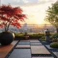 A serene urban balcony garden at golden hour, featuring a crimson Japanese maple, geometric wooden decking, climbing morning glories, and a traditional stone lantern, all bathed in warm light with soft ambient glow from string lights.