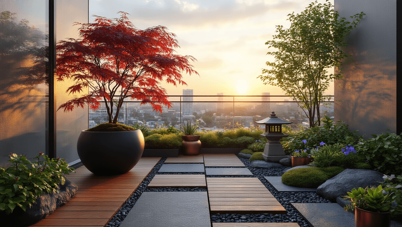 A serene urban balcony garden at golden hour, featuring a crimson Japanese maple, geometric wooden decking, climbing morning glories, and a traditional stone lantern, all bathed in warm light with soft ambient glow from string lights.