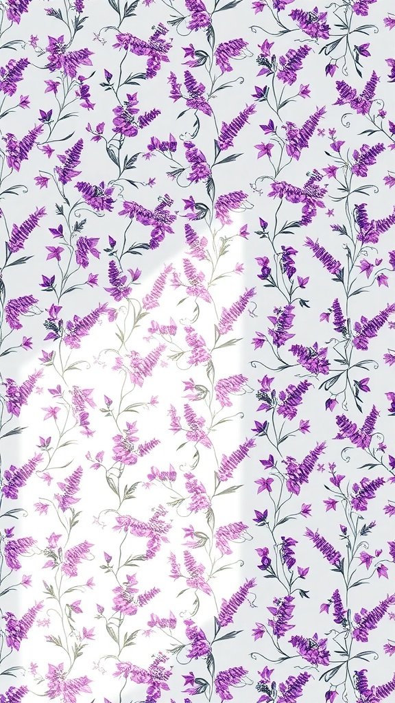 50 Stunning Purple Wallpaper Ideas for Your Home Decor Lavender floral wallpaper featuring purple flowers and green stems on a white background.