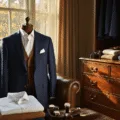 A luxurious dressing room with a tailored navy blazer on a valet stand, pressed white shirts, and folded cashmere sweaters in warm earth tones on a leather armchair, illuminated by soft morning light. A polished mahogany dresser showcases leather accessories and watches, enhancing the elegant atmosphere.