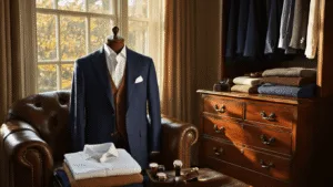 The Ultimate Guide to Mastering Old Money Style for Men A luxurious dressing room with a tailored navy blazer on a valet stand, pressed white shirts, and folded cashmere sweaters in warm earth tones on a leather armchair, illuminated by soft morning light. A polished mahogany dresser showcases leather accessories and watches, enhancing the elegant atmosphere.