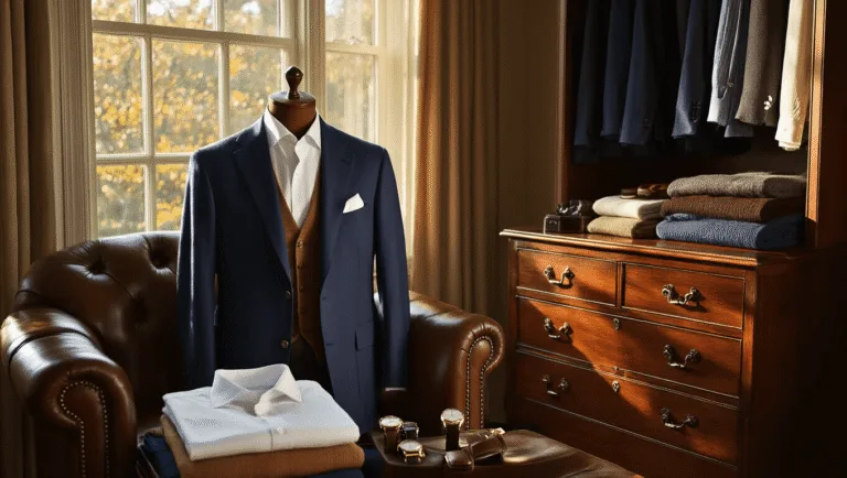 A luxurious dressing room with a tailored navy blazer on a valet stand, pressed white shirts, and folded cashmere sweaters in warm earth tones on a leather armchair, illuminated by soft morning light. A polished mahogany dresser showcases leather accessories and watches, enhancing the elegant atmosphere.