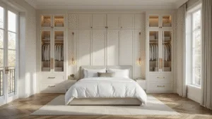 Bedroom Cupboard Ideas: Transform Your Storage and Style Photorealistic interior shot of a sophisticated master bedroom featuring a built-in ivory cupboard system, geometric-patterned cabinet doors, a king-size bed with white linens, and natural oak herringbone floors, all illuminated by golden hour light.