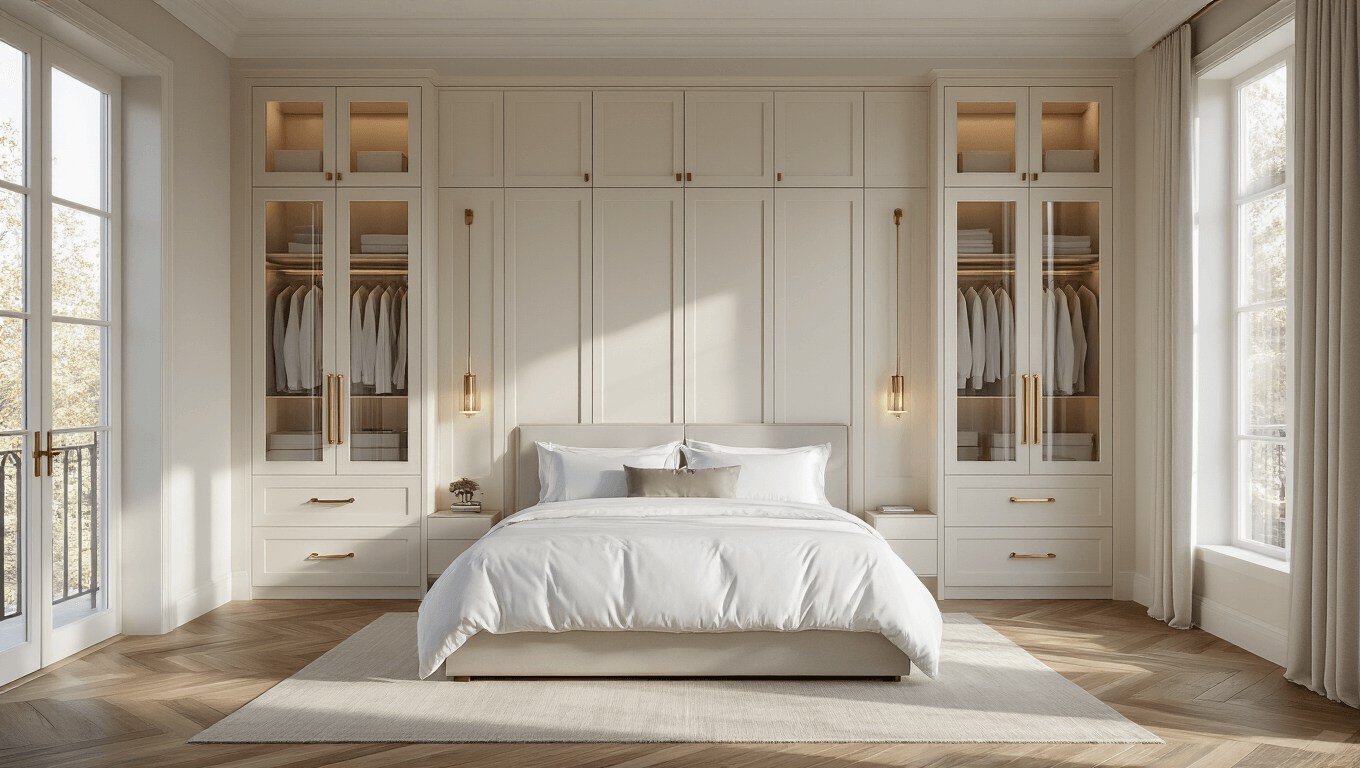 Photorealistic interior shot of a sophisticated master bedroom featuring a built-in ivory cupboard system, geometric-patterned cabinet doors, a king-size bed with white linens, and natural oak herringbone floors, all illuminated by golden hour light.