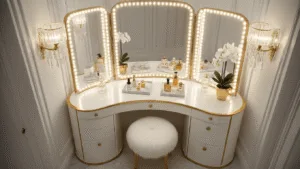 Bedroom Vanity Design: Your Ultimate Personal Style Sanctuary Luxurious bedroom vanity corner featuring a white lacquer vanity with gold leaf trim, tri-fold mirror with LED lighting, crystal sconces, organized skincare products, vintage perfume bottles, and a white orchid in a gold-rimmed vase, all illuminated by natural morning light.