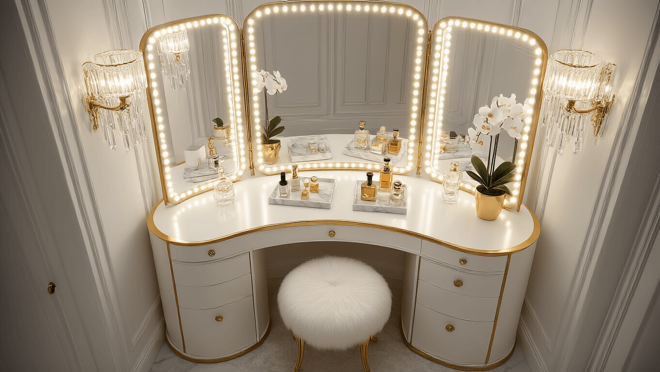 Luxurious bedroom vanity corner featuring a white lacquer vanity with gold leaf trim, tri-fold mirror with LED lighting, crystal sconces, organized skincare products, vintage perfume bottles, and a white orchid in a gold-rimmed vase, all illuminated by natural morning light.