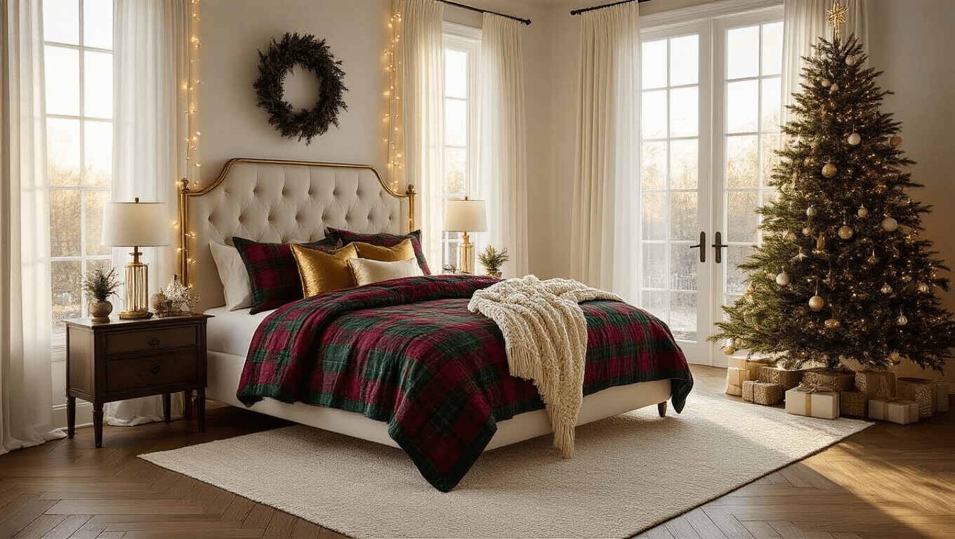 A luxurious master bedroom decorated for Christmas at golden hour, featuring a king-sized bed with a plaid quilt, Christmas tree with vintage ornaments, herringbone hardwood floors, and festive garland.