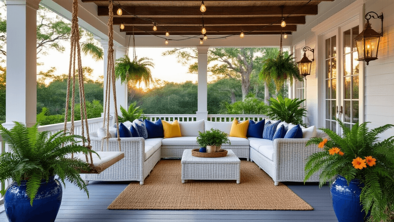 Photorealistic image of a luxurious coastal retreat's wraparound porch at golden hour, featuring a white wicker sectional, macramé swing chair, blue ceramic planters with ferns, and market lights, framed by tropical palms and white colonial columns.