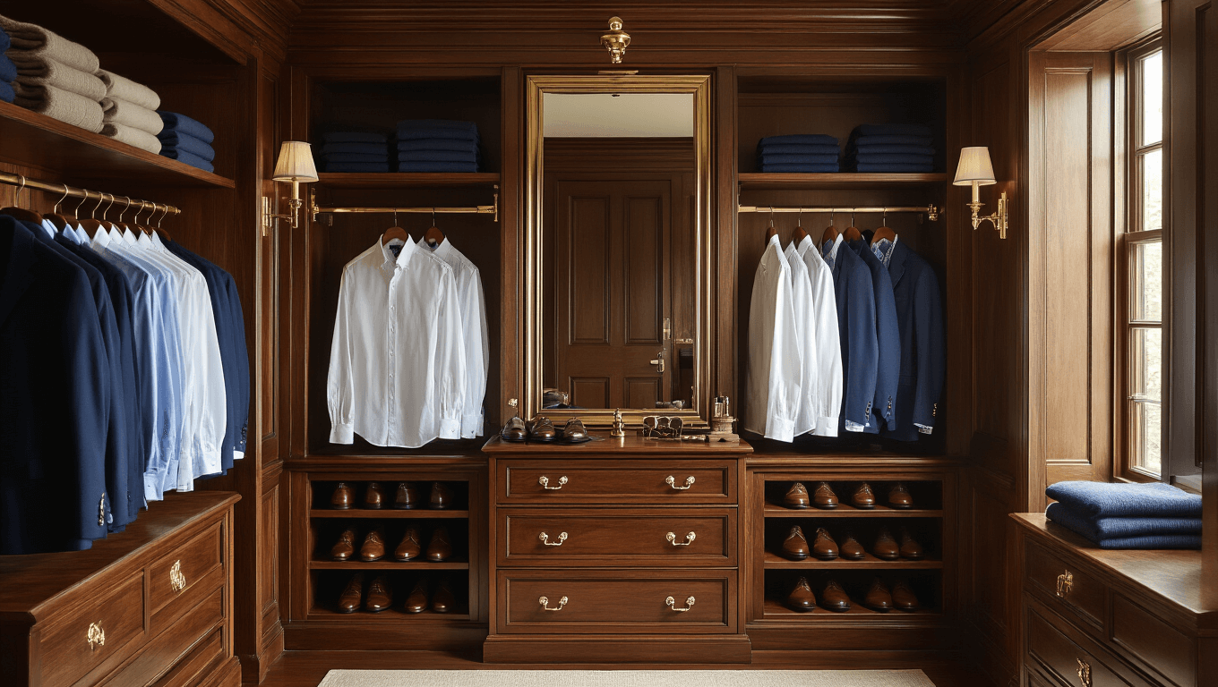 A luxurious wood-paneled dressing room featuring organized pressed Oxford shirts, tailored blazers, polished leather shoes, and cashmere sweaters, all highlighted by warm ambient lighting and rich mahogany furniture in a muted color palette.