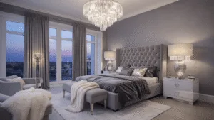 Grey Bedroom Ideas: Transform Your Space with Sophistication and Style A luxurious master bedroom suite with a tufted grey velvet king bed, crystal chandelier, marble nightstands, and floor-to-ceiling windows, all set in a twilight ambiance.