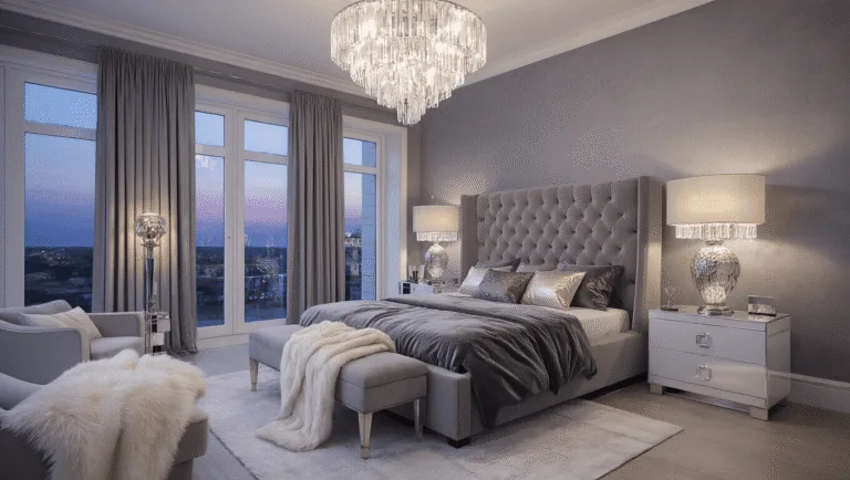 A luxurious master bedroom suite with a tufted grey velvet king bed, crystal chandelier, marble nightstands, and floor-to-ceiling windows, all set in a twilight ambiance.