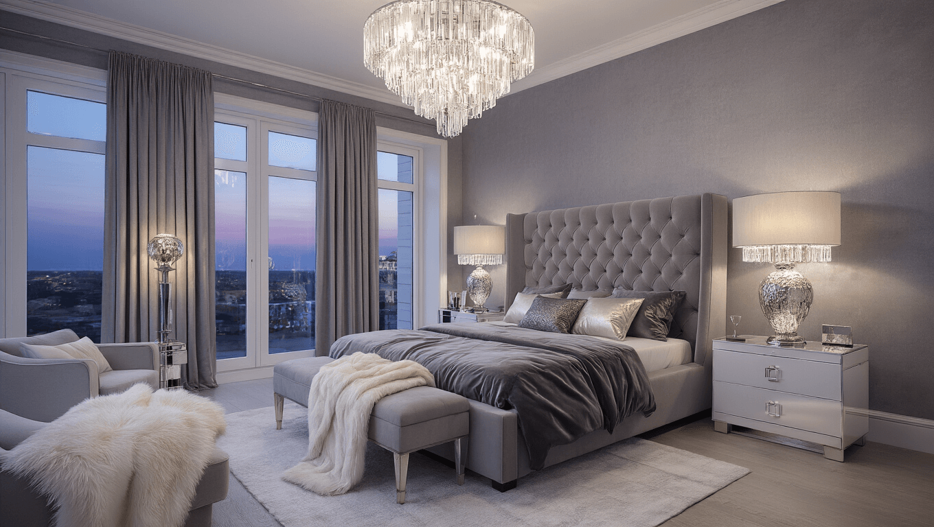 A luxurious master bedroom suite with a tufted grey velvet king bed, crystal chandelier, marble nightstands, and floor-to-ceiling windows, all set in a twilight ambiance.