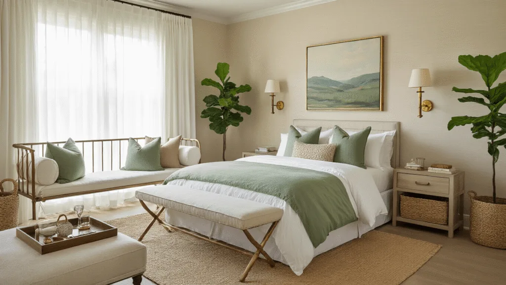 Creating the Perfect Guest Bedroom: Your Ultimate Comfort Guide Photorealistic interior of a serene guest bedroom during golden hour, featuring a queen-sized bed with layered textures, brass-framed daybed, vintage sconces, and natural elements like a fiddle leaf fig plant, all highlighted by warm sunlight and soft shadows.