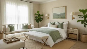 Creating the Perfect Guest Bedroom: Your Ultimate Comfort Guide Photorealistic interior of a serene guest bedroom during golden hour, featuring a queen-sized bed with layered textures, brass-framed daybed, vintage sconces, and natural elements like a fiddle leaf fig plant, all highlighted by warm sunlight and soft shadows.