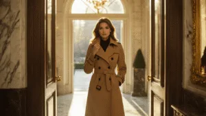 OLD MONEY STYLE: A GIRL'S GUIDE TO TIMELESS ELEGANCE Sophisticated young woman in a luxurious camel trench coat adjusting her collar at the sunlit entrance of a Manhattan townhouse, with a marble foyer and gilded mirror, bathed in warm morning light.
