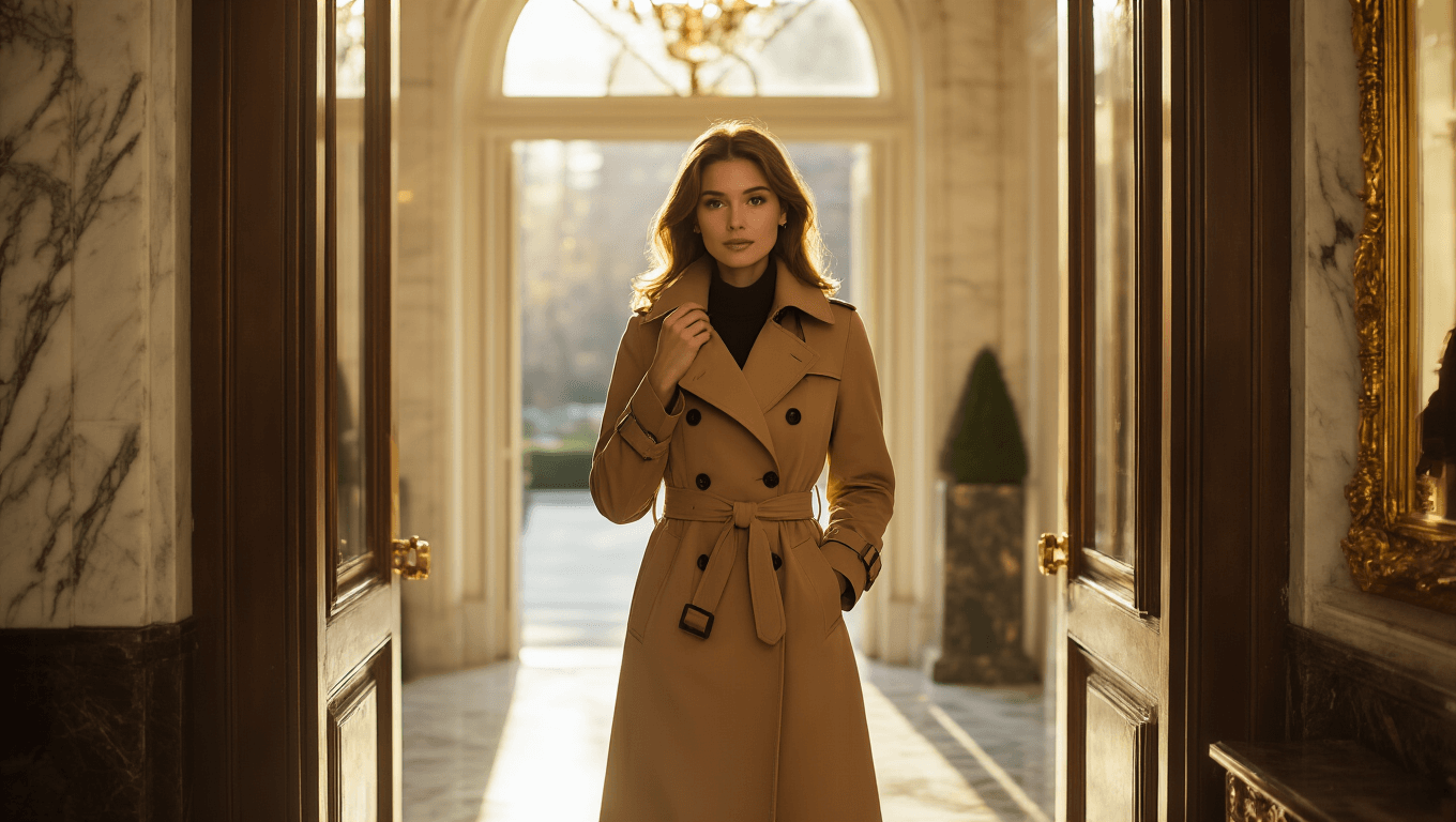 Sophisticated young woman in a luxurious camel trench coat adjusting her collar at the sunlit entrance of a Manhattan townhouse, with a marble foyer and gilded mirror, bathed in warm morning light.