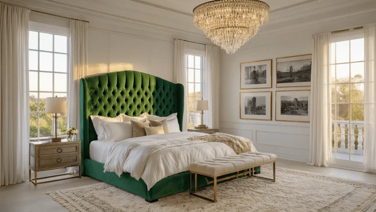 Opulent master bedroom at golden hour with a 14-foot tray ceiling, crystal chandelier, emerald green velvet tufted headboard, king-size bed in ivory linens, sheer curtains, vintage photo gallery, hand-knotted Moroccan rug, walnut nightstands, and accent chair with fresh peonies.