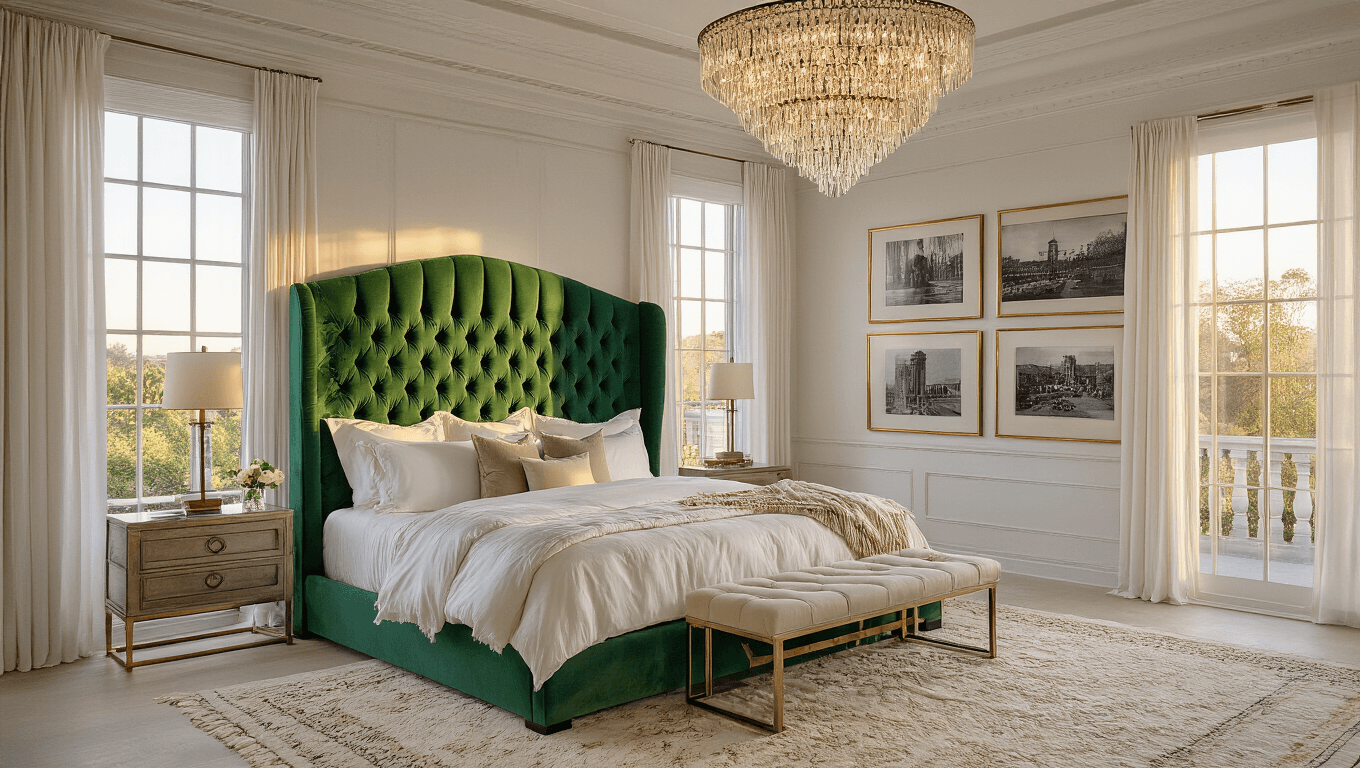 Opulent master bedroom at golden hour with a 14-foot tray ceiling, crystal chandelier, emerald green velvet tufted headboard, king-size bed in ivory linens, sheer curtains, vintage photo gallery, hand-knotted Moroccan rug, walnut nightstands, and accent chair with fresh peonies.