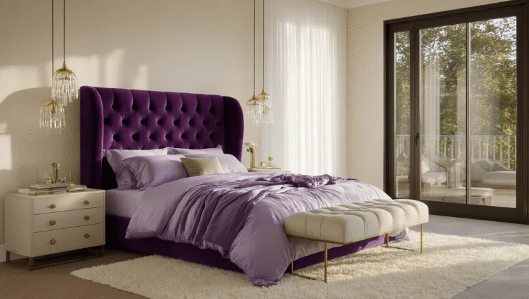 Photorealistic wide shot of a luxurious master bedroom featuring a plum velvet tufted headboard, layered lavender silk and ivory bedding, brass pendant lights over matching nightstands, a cream shag rug, and sunlight streaming through floor-to-ceiling windows with sheer white drapes, showcasing high-end interior design.