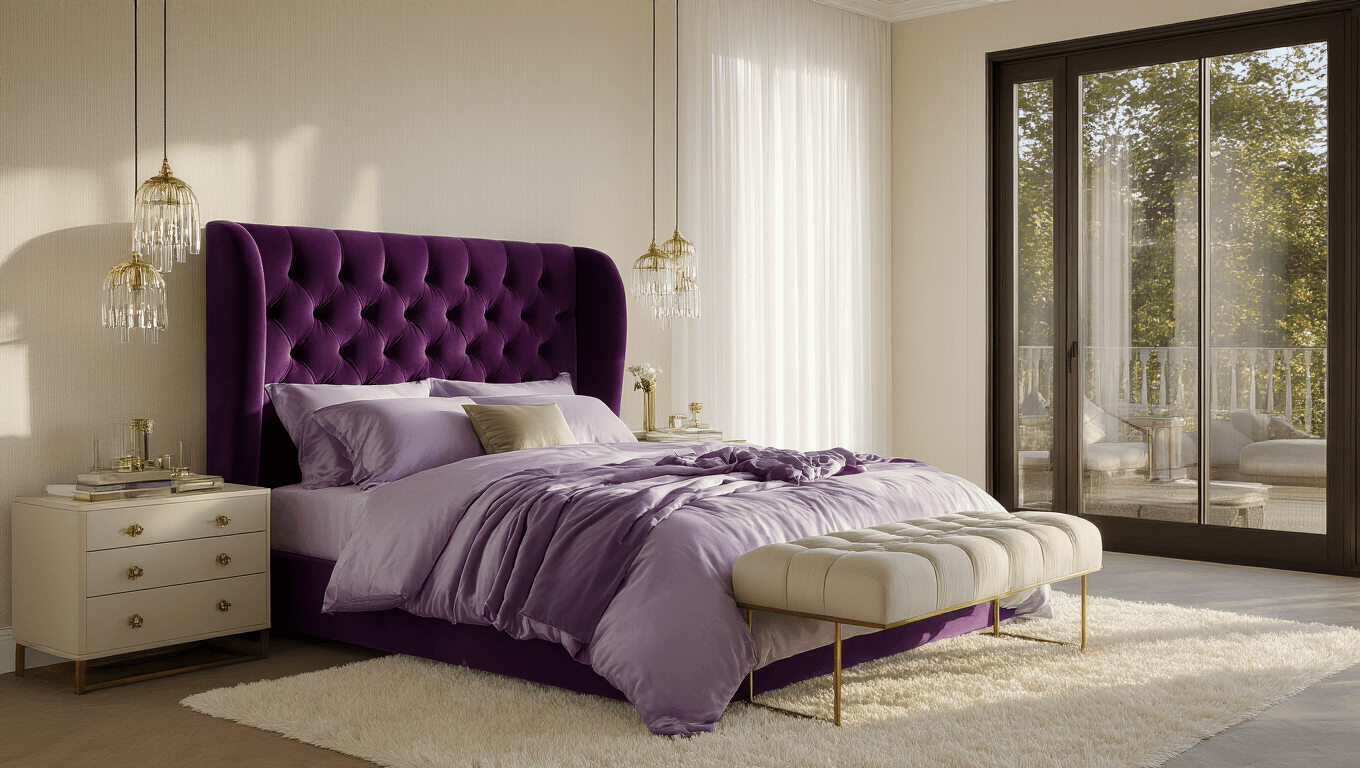 Photorealistic wide shot of a luxurious master bedroom featuring a plum velvet tufted headboard, layered lavender silk and ivory bedding, brass pendant lights over matching nightstands, a cream shag rug, and sunlight streaming through floor-to-ceiling windows with sheer white drapes, showcasing high-end interior design.