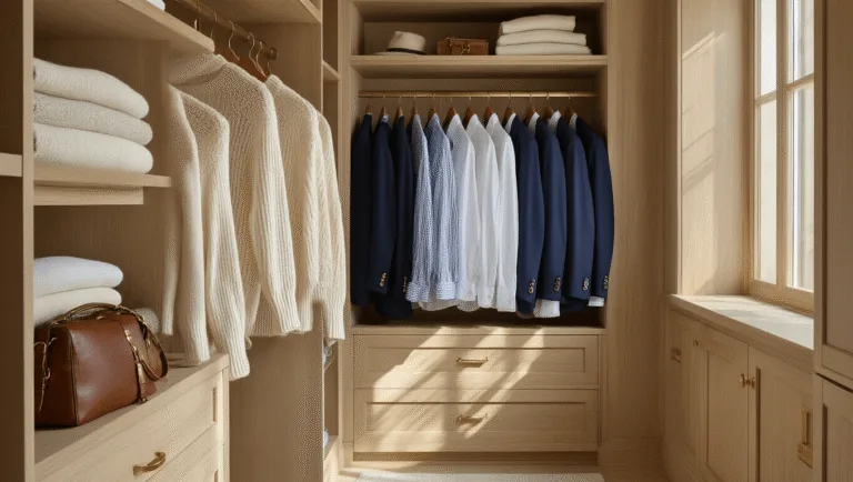 A luxurious walk-in closet with oak built-ins displaying neatly arranged cream cashmere sweaters, white button-downs, and navy blazers, illuminated by soft afternoon light with leather accessories and gold hardware accents.