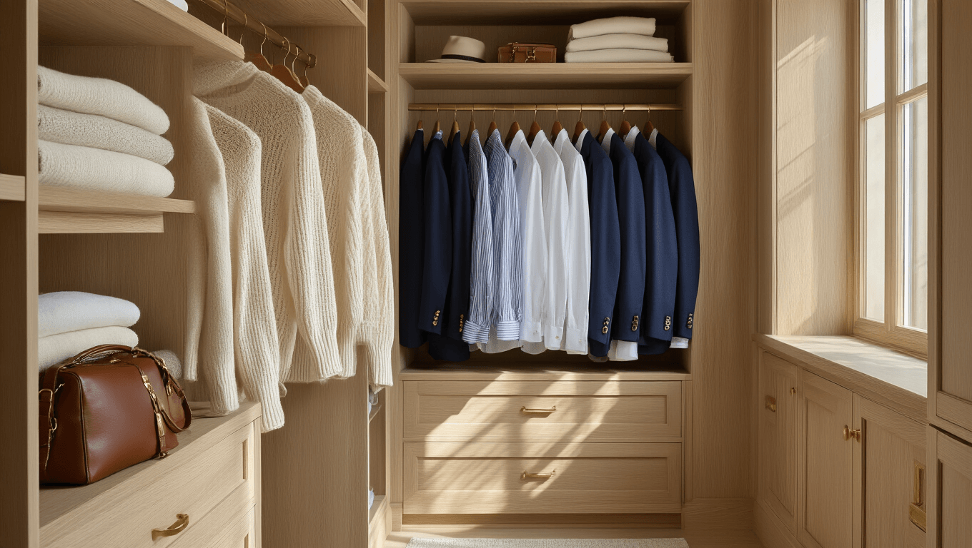 A luxurious walk-in closet with oak built-ins displaying neatly arranged cream cashmere sweaters, white button-downs, and navy blazers, illuminated by soft afternoon light with leather accessories and gold hardware accents.