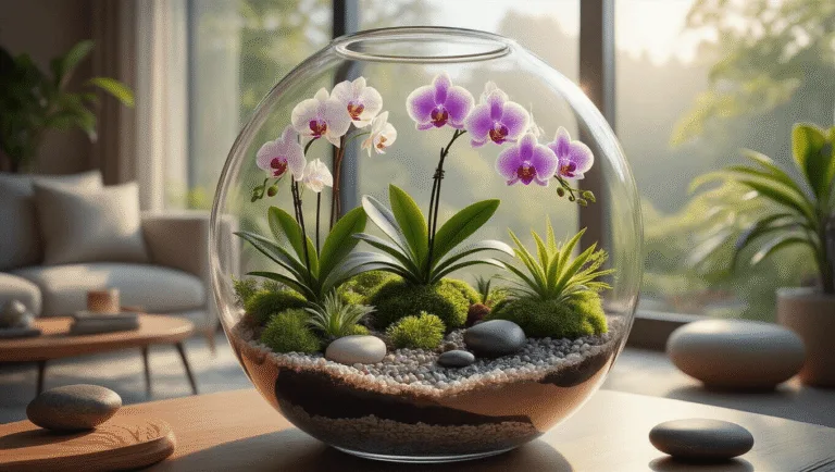 A beautifully crafted glass terrarium displaying vibrant Masdevallia and Dracula orchids, layered with pebbles, charcoal, and moss, illuminated by soft morning light in a contemporary living room.
